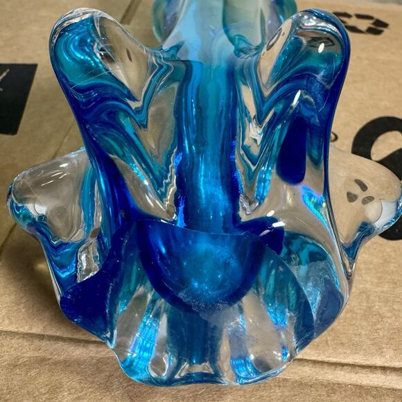 Vintage Murano Style Art Glass Vase Peacock Blue Sommerso Flared Rim Italy Label - Picture 7 of 10